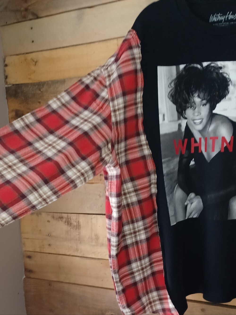 Upcycled Whitney Houston Graphic T-shirt with Red Plaid Sleeves - Picture 9 of 10